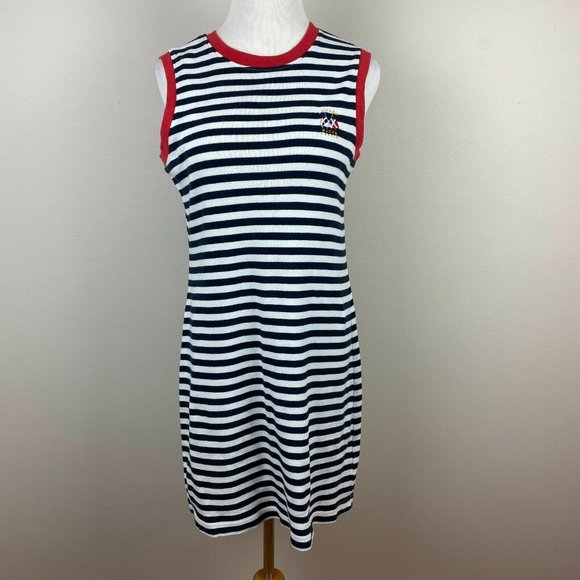 LRL Ralph Lauren Mini Dress‎ M Striped Nautical Navy White Red Sleeveless - Picture 1 of 9